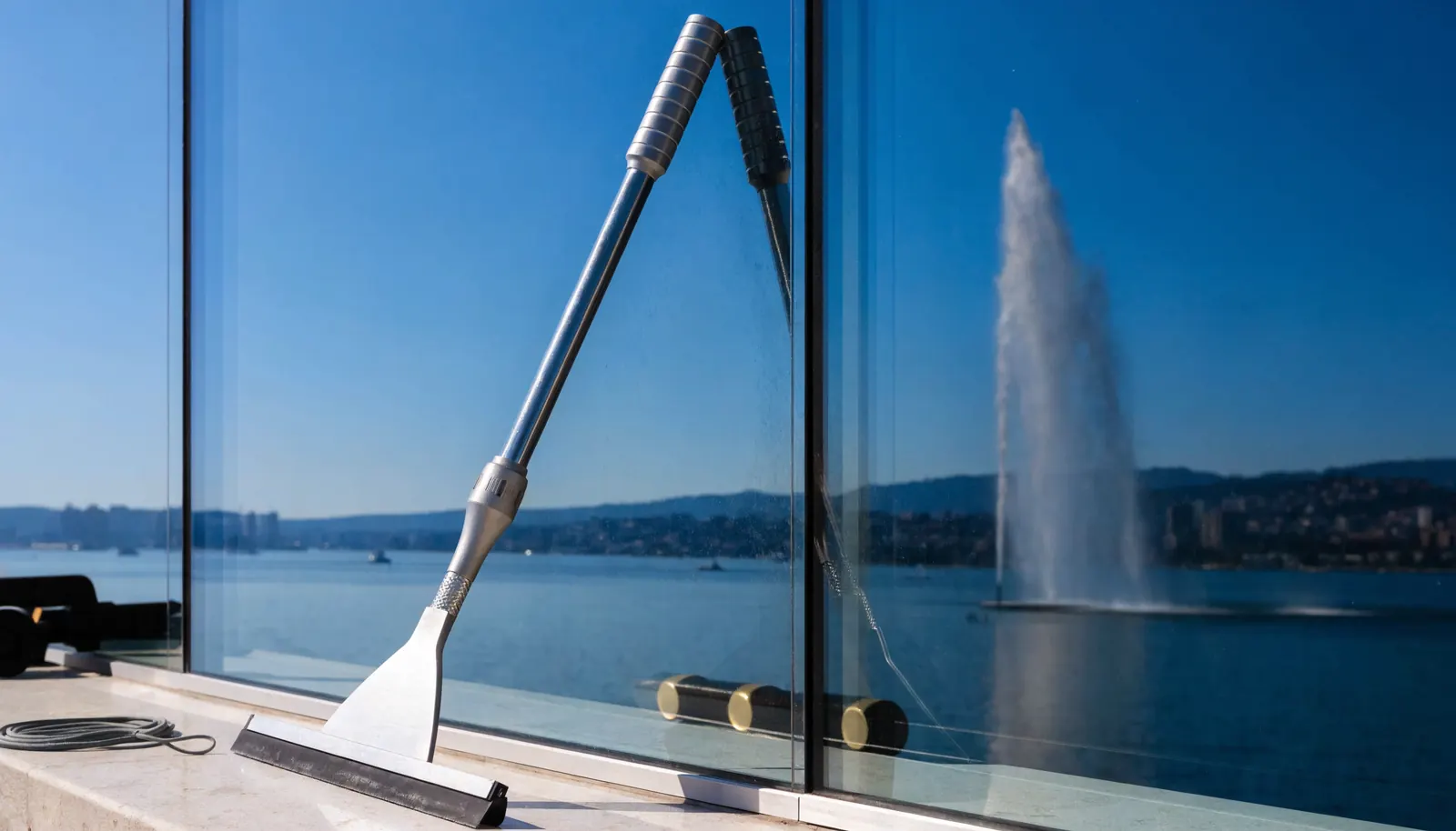 Nettoyage de vitres sans traces à Genève, reflet du Jet d'Eau