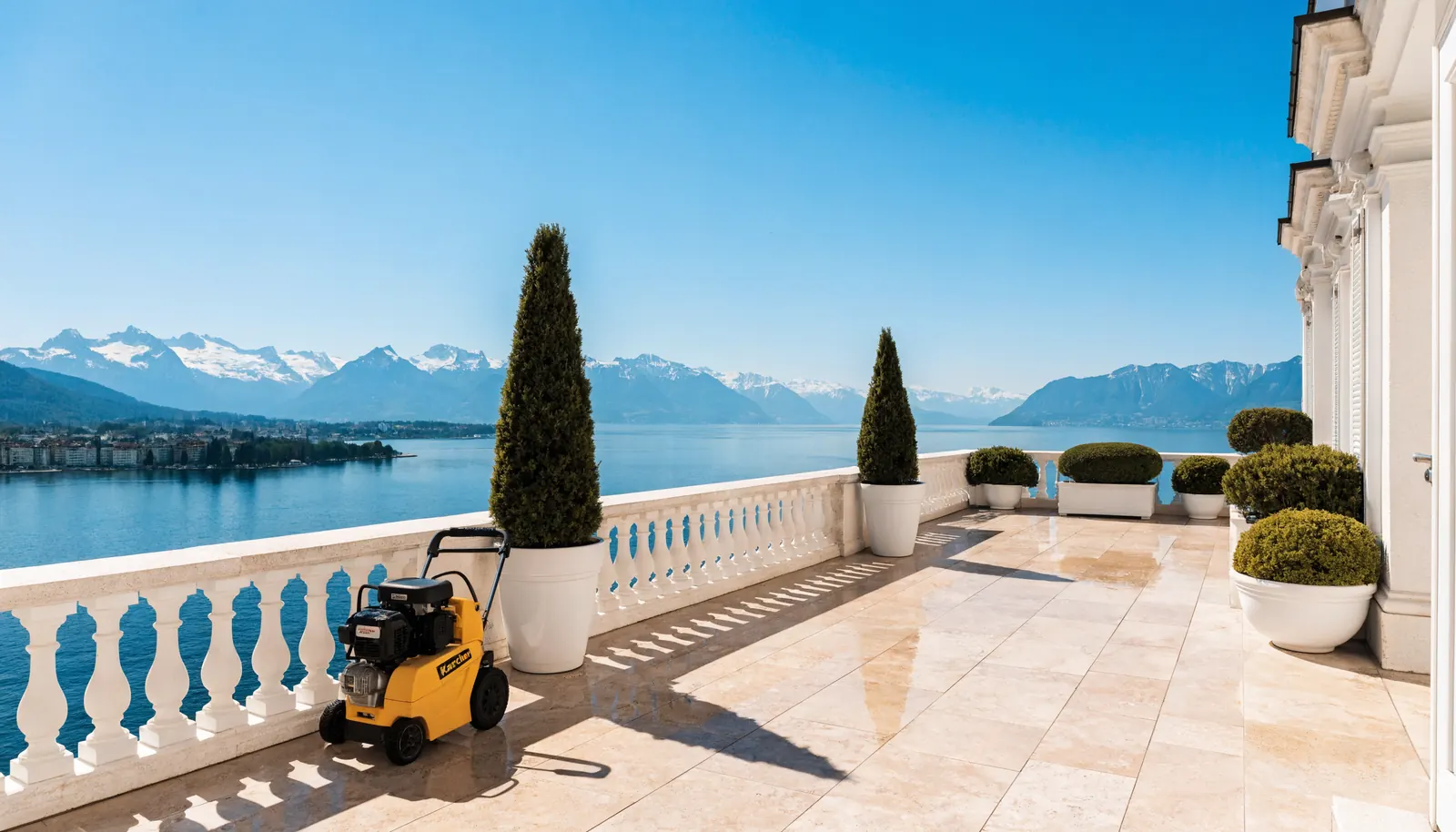 Terrasse impeccable avec vue sur le lac Léman après nettoyage
